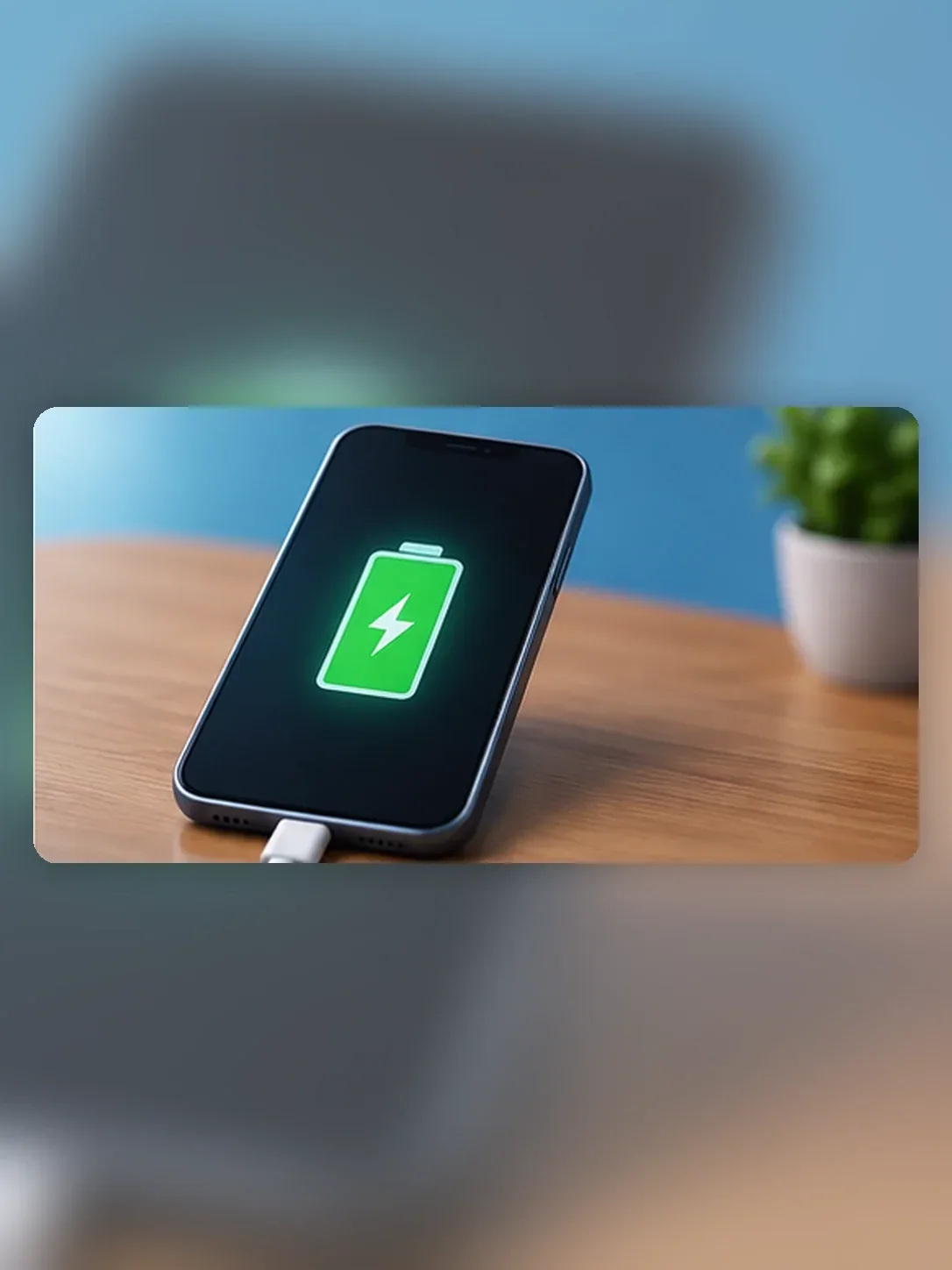Celular sem marca conectado a um cabo de carga sobre superfície fria