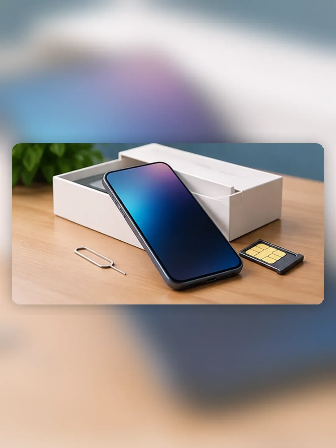 Celular sem marca, caixa e bandeja de chip sobre uma mesa azul